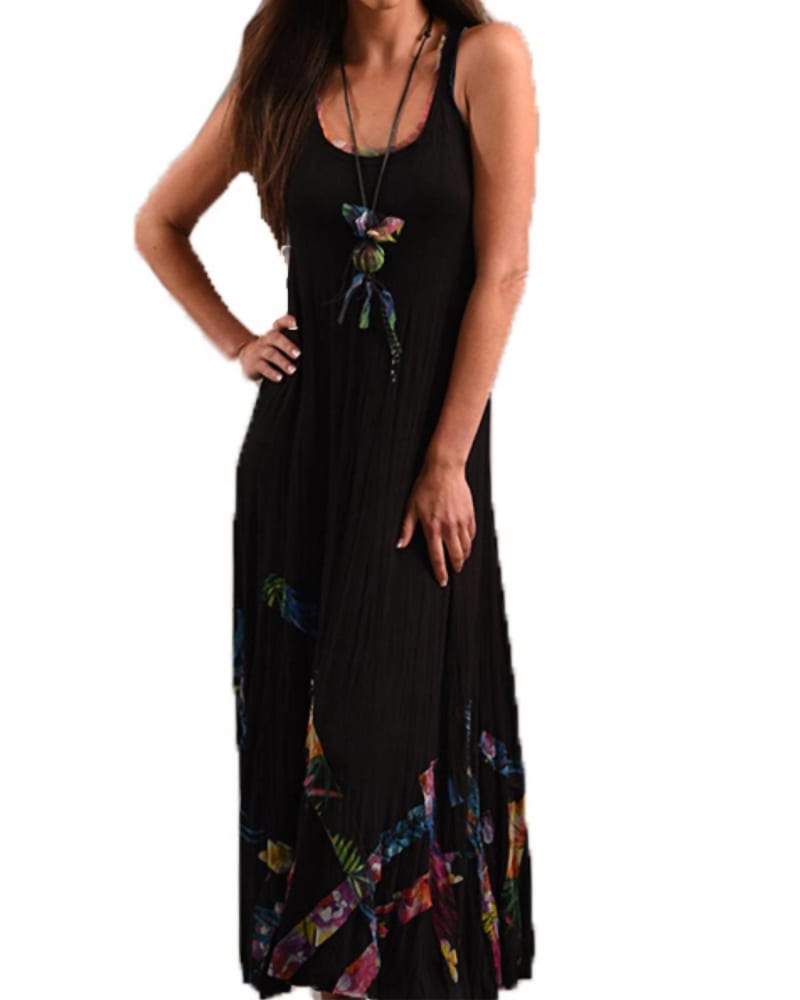 Front of a model wearing a size LG Bra-Friendly Vibrant Tropical Dress In Black in Black by ANGEL. | dia_product_style_image_id:346580
